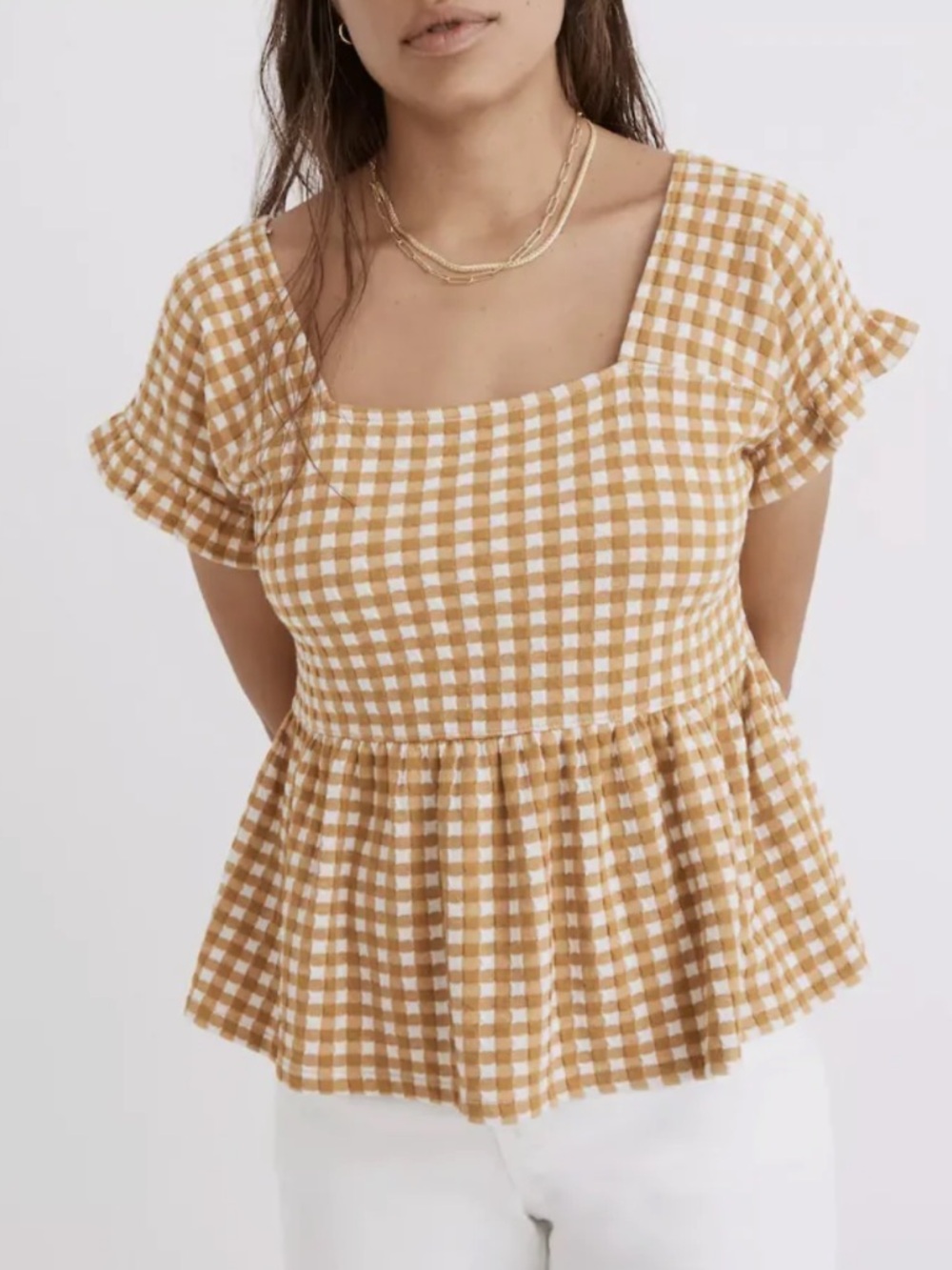 Madewell Mustard Gingham Peplum Square-Neck Blouse